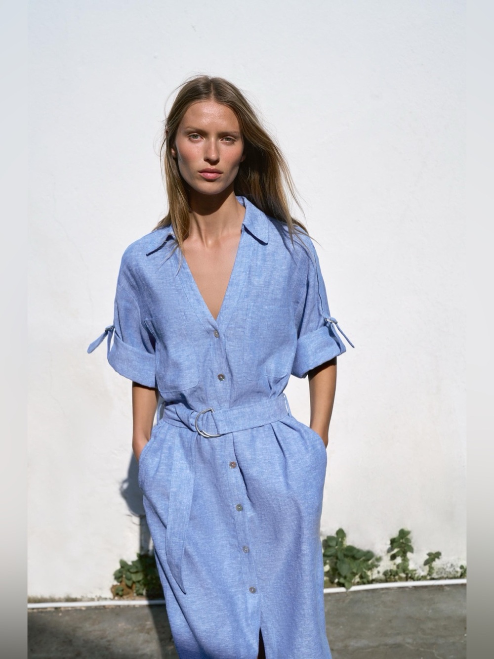 Zara Linen Blend Button Down Midi Dress with Belt